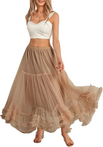 Women Elegant Tulle Long Skirt High Waits Tutu Fairy A-Line Skirt Fluffy Ruffle Hem Pleated Mesh Midi Skirt in Saudi Arabia