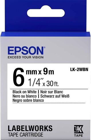 Epson LabelWorks Standard LK (Replaces LC) Tape Cartridge ~1/4" Black on White (LK-2WBN) - for use with LabelWorks LW-300, LW-400, LW-600P and LW-700 Label Printers in Saudi Arabia