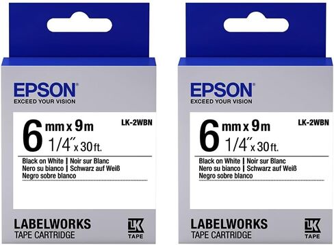 Epson LabelWorks Standard LK (Replaces LC) Tape Cartridge ~1/4" Black on White (LK-2WBN) - for use with LabelWorks LW-300, LW-400, LW-600P and LW-700 Label Printers in Saudi Arabia
