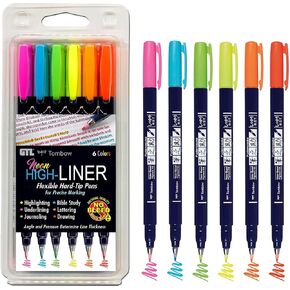 G.T. Luscombe Company, Inc. Tom Bow Bible Study High-Liner, Flexible Hard Tip, Brush Pens in Assorted Neon Pink, Blue, Green, Yellow, Orange, Red Colors for Underlining and Precise Marking