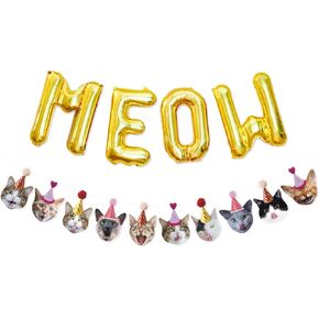Bessmoso Funny Cat Party Garland Meow Letter Balloons Cats Faces with Party Hats Banner Kitten Bunting Photo Props for Cat Theme Birthday Party Pet Adoption Party Supplies