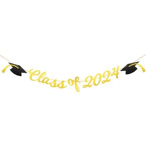 Class of 2024 Banner, Paper Graduation Banner with Hanging Grad Cap Decorations Graduation Garland Bunting Sign Photo Backdrop for College High School Party Supplies