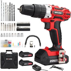 Cordless Drill Set, 20V Power Drill Kit with 2 X 2.0AH Battery, 44pcs Drill/Driver Bits, 1 Box Screws, Bubble Level, 3/8'' Chuck Electric Drill, 32NM, 21+3 Position, 2 Variable Speed