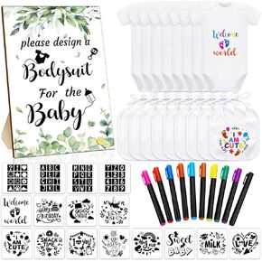 43 Pcs DIY Baby Bibs Decorating Kit 8 Bodysuits 8 Pcs 2 Ply White Bibs 10 Fabric Markers 16 Stencils Baby Shower Sign