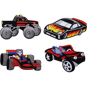 Pack 4 Car Embroidered Iron on Patch Applique Racing Car Sport Car Monster Patch
