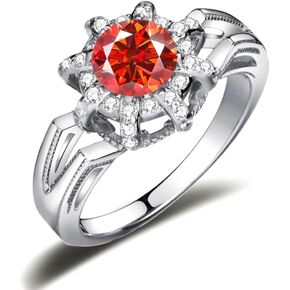 Red Moissanite Ring for Women 1.0ct Lab Created Diamond Round Cut Rings 18K White Gold Plated S925 Silver Jewelry with Gift Box Size 6