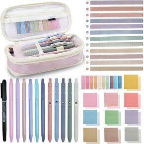 37Pcs Aesthetic Stationery Set Book Annotation Kit Pen Case Bag with Cute Highlighters Gel Pens Mechanical Pencil Transparent Sticky Notes Sticky Index Tabs School Supplies for Students Office - Green