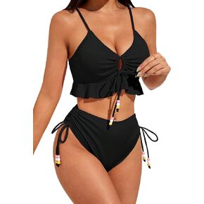 Women's 2 Piece Tankini Set Ruffle Hem Drawstring High Waisted Cut Out Tie Front Crisscross Halter Bathing Suit