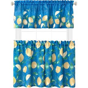 Newbridge Mediterranean Lemon Zest Tier Curtain and Valance Set, Blue/Yellow Provence Lemon Print Tier Set, 36" Long Tier Pair and Valance - 60" x 36" (Set of 2 Tiers & Valance)
