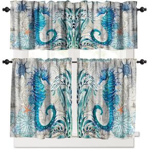 Nautical Kitchen Curtain Tiers and Valance Curtain Sets Ocean Animal Landscape Decorative Cafe Curtains Set for Kitchen Living Room Bathroom 54x18 & 27x24x2, 3 Panel