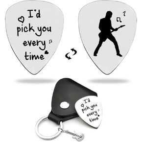 Funny Stainless Steel Guitar Picks with Cowhide Leather Case - I love you more than you love music, for Husband Boyfriend Fiance Dad Musician Guitar Player Valentine Christmas Birthday Gift