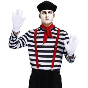Men Mime Costume French Artist Outfit Halloween Cosplay Shirt Beret Scarf Suspender Gloves Suit Set
