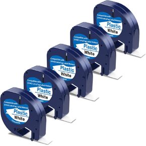 5 X 91331 Label Maker Tape Replacement for Dymo Letratag Refills, Compatible with Dymo Label Maker Refills Letra Tag LT-100T LT-100H QX50, 12mm x 4m Black on White