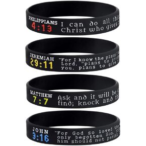 Sainstone Bible Wristbands, Religious Gift Pack - Philippians 4:13, Jeremiah 29:11, John 3:16, and Matthew 7:7 - Set of 4 Scripture Bracelets - Adult Size for Men Women
