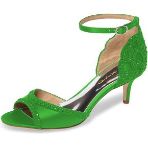 XYD Women's Sandals, Chic Peep Toe, D'Orsay Kitten Low Heels, Rhinestone Studs, Ankle Strap Satin Shoes for Wedding Ballroom