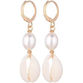 Pearl Shell Drop Earrings for Women 14K Gold Pearl Shell Earrings Boho Cowrie Shell Dangle Earrings Natural Seashell Earrings for Girls Ocean Jewelry Gift
