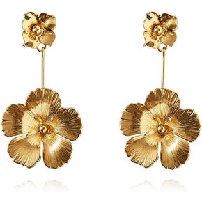 Gold Sculptural Flower Metal Double Drop Floral Statement Long Stud Dangle Earrings Jewelry for Women Teen Girls