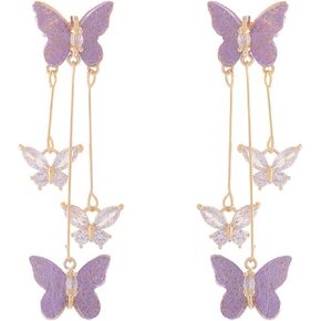 Purple Butterfly Tassel Style Zircon Earrings for Women 3D Long Butterfly Dangle Earrings Crystal Rhinestone Drop Earrings Butterfly Jewelry Birthday Gift for Women Girls