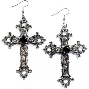 Gothic Cross Earrings Red Black Crystal Gemstone Cross Earrings Vintage Flower Pattern Big Cross Dangle Drop Earrings Halloween Clothing Accessories for Women Teen Girls