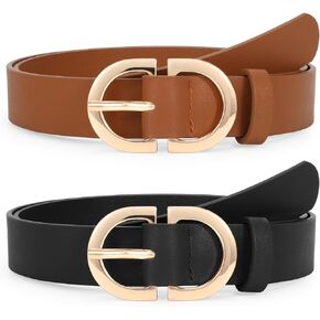 JASGOOD 2 Pack Women Leather Belts Plus Size for Jeans Pants Fashion Dresses Ladies Belt with Gold Buckle