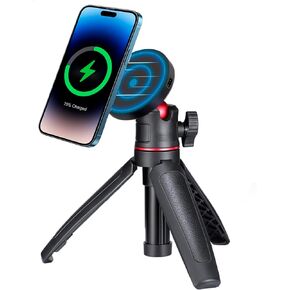 Magnetic Cell Phone Selfie Stick Tripod with 1/4" Magnetic Wireless Charging Tripod Mount Extendable Mini Desktop Smartphone Tripod compatibel for Magsafe iPhone 14/13/12 Pro Max All Phones
