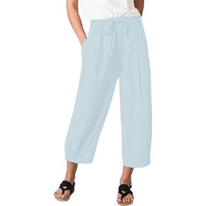 Women's Summer Capri Pants Elastic High Waist Drawstring Wide Leg Cotton Linen Work Pants with Pockets