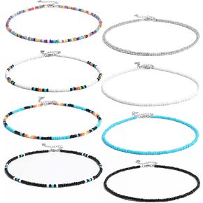 8 Pieces Western Bead Choker Necklace Set Handmade Glass Seed Bead Boho Bohemian Cowgirl Hippie Summer Necklaces Jewelry Gift for Women Girls