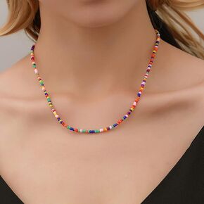 Boho Beaded Choker Necklace Rainbow Seed Bead Necklace Glass Beaded Clavicle Necklace Colorful Bead Chain Necklace Jewelry for Women and Girls