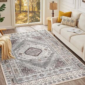 5x7 Area Rugs for Living Room: Large Stain Resistant Washable Rug, Non-Slip Backing Rugs for Bedroom Kitchen Printed Vintage Home Office Indoor Floor Decor Big Carpet Rug Floral-Grey Brown