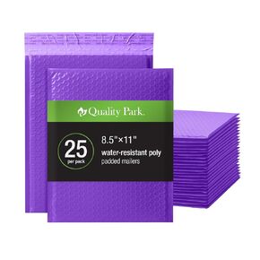 Quality Park Bubble Mailers, 8.25" x 11", Purple Poly Mailers, Padded Envelopes, Shipping Bags, Water Resistant, Self Seal, 25 Per Box (QUA85905)