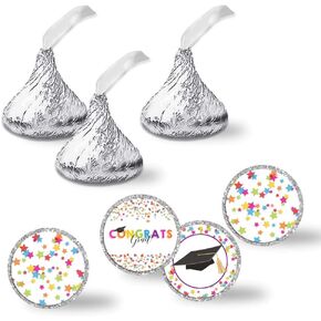 Star Confetti Graduation Party Kiss Sticker Labels, 300 Party Circle Sticker Sized 0.75" for Chocolate Drop Kisses by AmandaCreation, Great for Party Favors, Envelope Seals & Goodie Bags