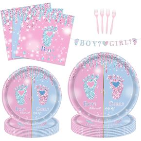 Gender Reveal Party Supplies Kit for 24 Guests - 97 Pcs Including Plates, Forks, Napkins, Bunting - Ideal for Boy or Girl Baby Showers and Gender Reveal Parties