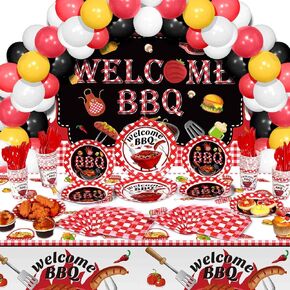 Capoda 165 Pcs Summer BBQ Party Supplies Picnic Barbecue Decorations BBQ Background Cloth with Rope Picnic Plastic Tablecloth Barbecue Tableware Set for BBQ Birthday Baby Shower Picnic Party Favors
