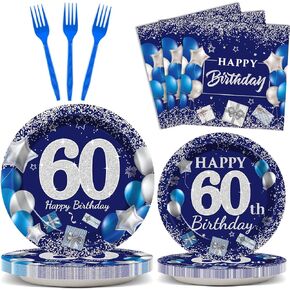 96 Pcs 20th Birthday Party Supplies Navy Blue and Silver Birthday Plates 20th Birthday Paper Tableware Happy Birthday Party Plates and Napkins Forks Blue Birthday Table Decorations for 24 Guests