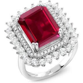 Gem Stone King 925 Sterling Silver Red Created Ruby Ring For Women (8.60 Cttw, Emerald Cut 14X10MM, Available In Size 5,6,7,8,9)