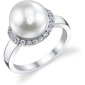 The Pearl Source 10-11mm Genuine White Freshwater Cultured Pearl & Cubic Zirconia Sparkling Ring for Women