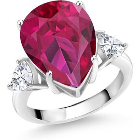 Gem Stone King 925 Sterling Silver Red Created Ruby and White Moissanite Ring For Women (10.56 Cttw, Gemstone July Birthstone, Pear Shape 16X12MM, Available in Size 5,6,7,8,9)