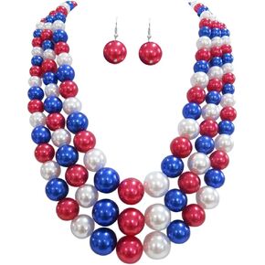 Rosemarie & Jubalee Women's July 4th Patriotic Multi Strand Red White & Blue Simulated Pearl Necklace And Earrings USA Jewelry Gift Set, 18"+3" Extender