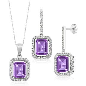 Gem Stone King 925 Sterling Silver Gemstone Birthstone Pendant and Earrings Jewelry Set For Women | Emerald Cut 9X7MM | with 18 Inch Chain