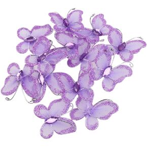 WINOMO Organza Butterflies, 50Pcs Sheer Mesh Wire Glitter Wedding Decorative Butterflies Decors Craft Sheer Mesh Wire Glitter Butterfly with Gem (Purple)