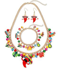 Mexican Jewelry Set Cinco De Mayo Charm Necklace Bracelet Fiesta Dangle Earrings Carnival Holiday Jewelry Gifts for Women