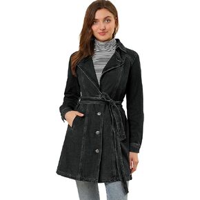 Allegra K Women's Jean Belted Notched Lapel Trench Long Denim Jacket