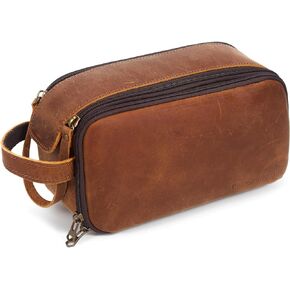 Toiletry Bag for Men, Full Grain Leather Travel Pouch Shaving Dopp Kit Bathroom Toiletries Organizer Bags, Black