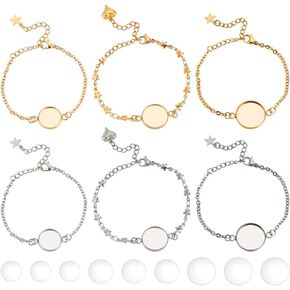 NBEADS 24 Pcs Blank Dome Bracelet Making Kits, 304 Stainless Steel Link Bracelet Making Round Cabochon Bezel Tray Blank Bangles Bracelets for Jewelry Making DIY Handmade, Men and Women