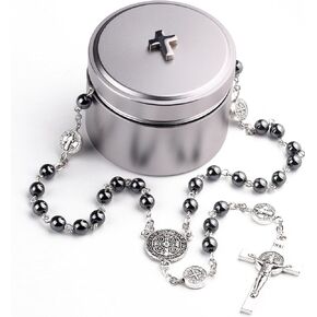 6mm Hematite Stone Black Beads Saint Benedict Catholic Rosary Necklace with Titanium Metal Cross Gift Box for Men Women