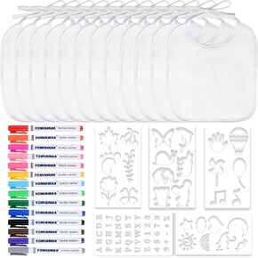 Dazzle at Baby Showers with a 44-piece DIY Bib Decorating Kit. 24 Bibs, 6 Stencils, 14 Markers. Perfect Gender Reveal Party Gift!