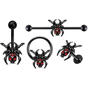 Spider Barbell Piercing Rings - 4 Pcs Body Piercing Jewelry Set Stainless Steel, Black Belly Button Rings, Industrial Barbell Earring, Nose Ring Hoops, Labret Stud for Women and Men