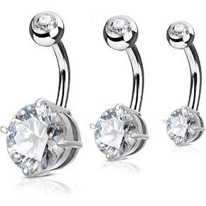 Forbidden Body Jewelry Value Pack 3-Pcs Surgical Steel Cubic Zirconia Solitaire Round Crystal Belly Button Rings