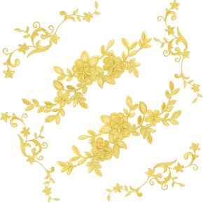 Gold Lace Flower Embroidery Patch, UHOMENY 6 Pieces Blossom Fabric Flower Gold Applique Leaves Vines Iron on Patches Sewing Craft Decoration Lace Appliques for Wedding Prom Dress DIY Clothing Jean