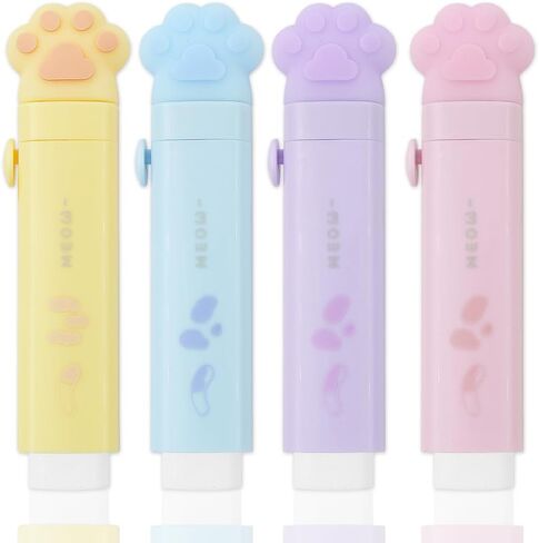 4 Pcs Cat Paw Shaped Retractable Erasers, Cat Erasers for Kids, Push-Pull Rubber Eraser with 4 Pcs Eraser Refills for Students Writing Office School Stationery in Kuwait